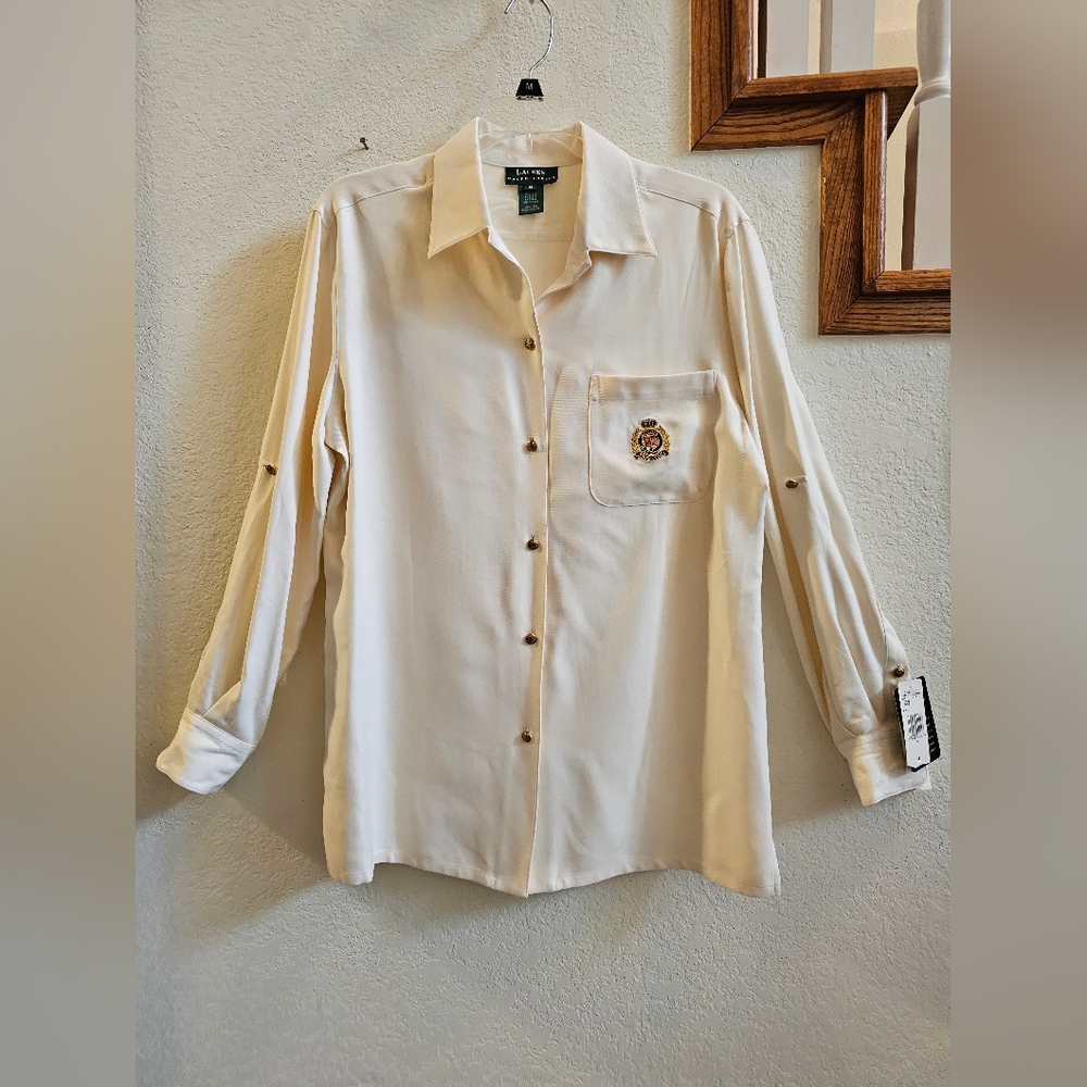 Ralph Lauren Silk Logo Shirt in Cream Size M NEW WITH TAGS